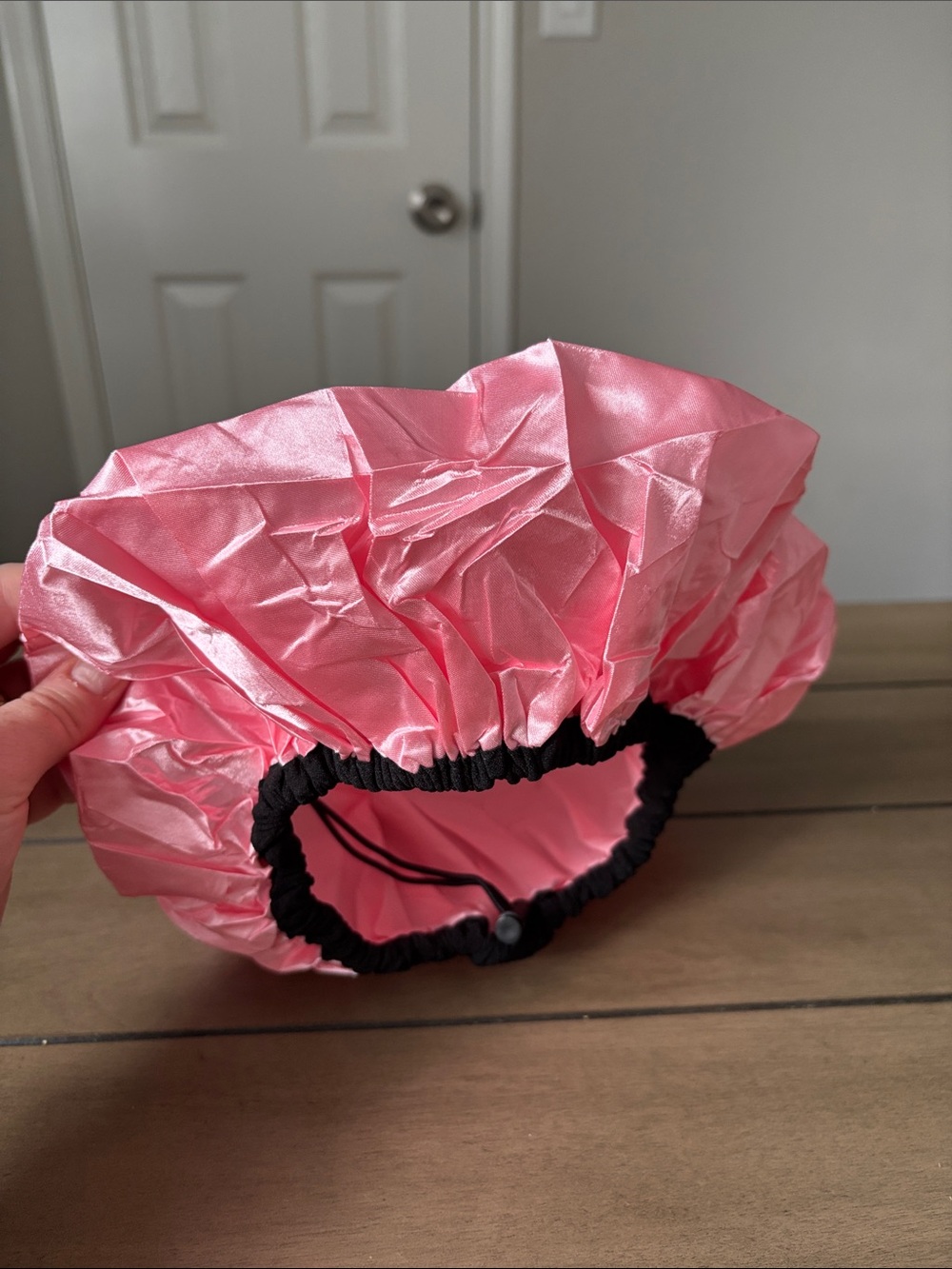 228. Pink Reusable Shower Cap with Black Elastic Trim new without tags